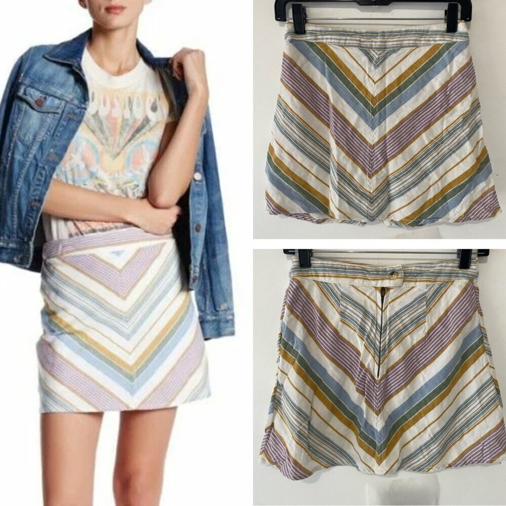 Free People Yours Truly White Multicolor Striped Chevron Mini Skirt 37255